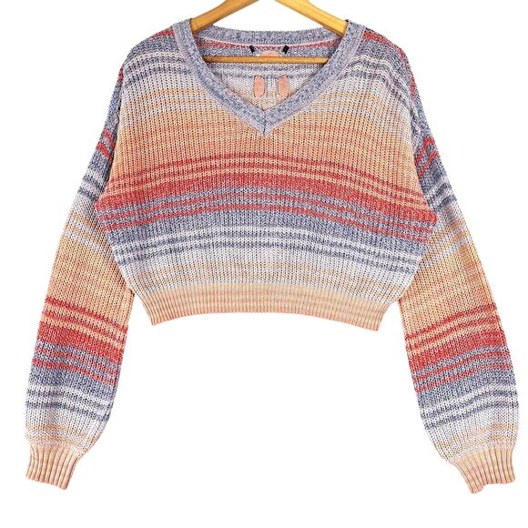 Womens Sweater XL Boho Rainbow Striped Kawaii Cropped Cottagecore Cozy Soft Girl - Picture 1 of 4